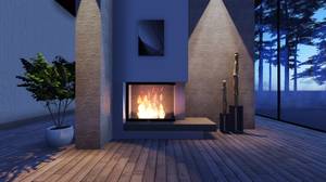 Kaminschutzgitter im Test: hier eine verglaster Kamin im Außenbereich einer Holzterrasse