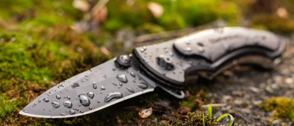 Kandar-Messer-Test: Ein nasses Messer liegt auf einem moosbewachsenen Boden.