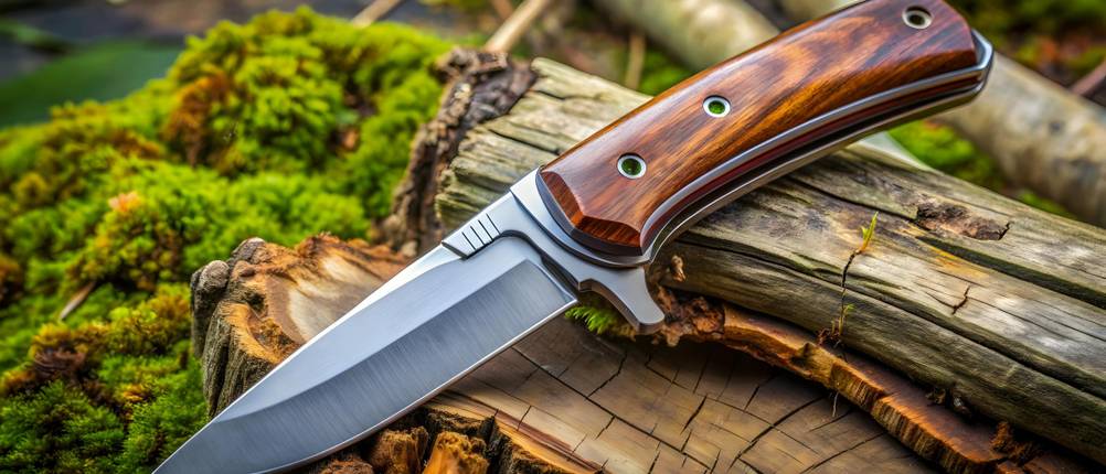 Kandar-Messer-Test: Ein Messer liegt auf moosbewachsenem Holz.