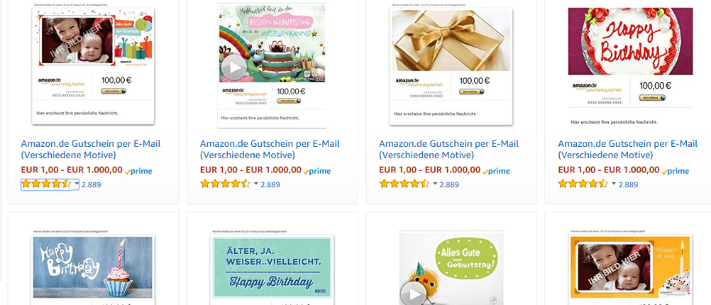Kartenmotivauswahl bei Amazon-Gutscheinen. Karten mit Happy Birthday oder Geschenkband Aufdruck