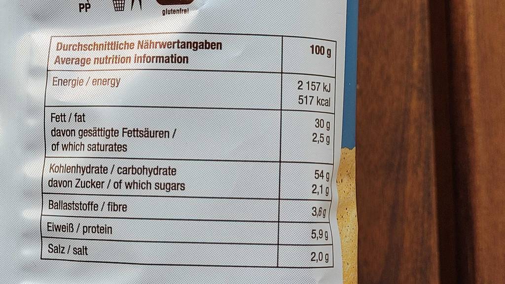Nährwertangaben von einer getesteten Kartoffelchips-Packung.
