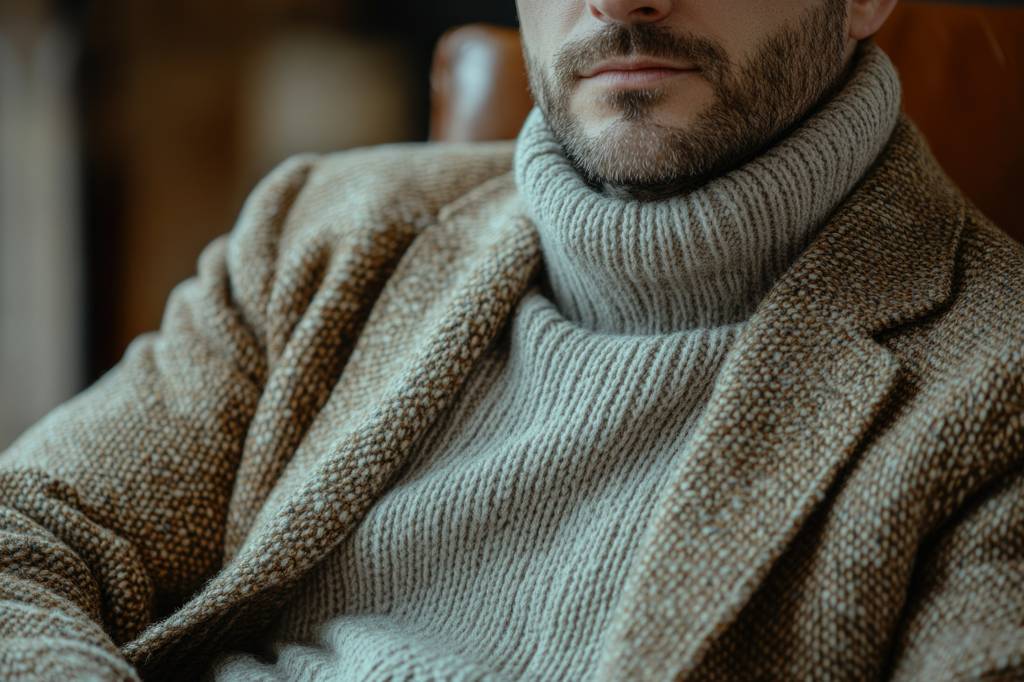 Kaschmir-Pullover-Test: Ein Mann ist mit einem eleganten Kaschmirpullover und einem Blazer gekleidet. 