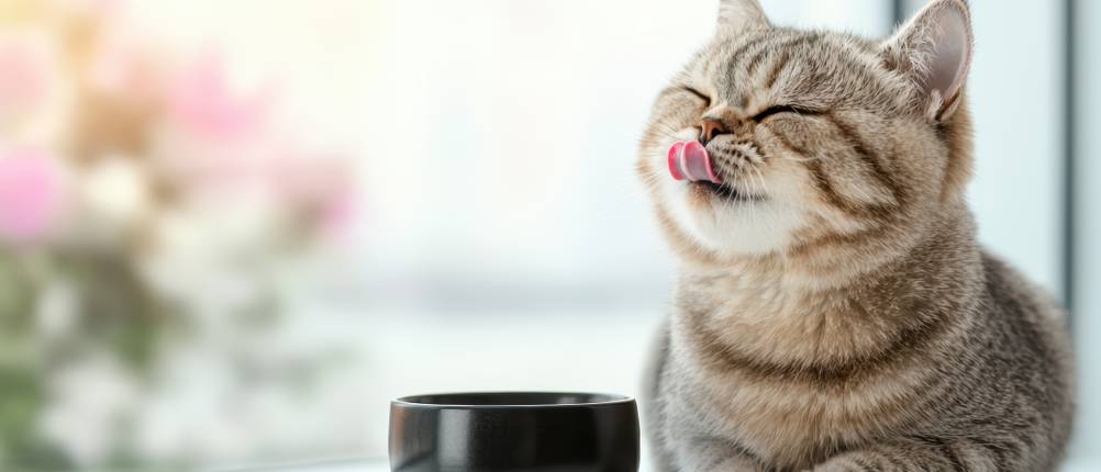 Eine Katze sitzt neben ihrem Napf und schleckt sich den Mund ab.