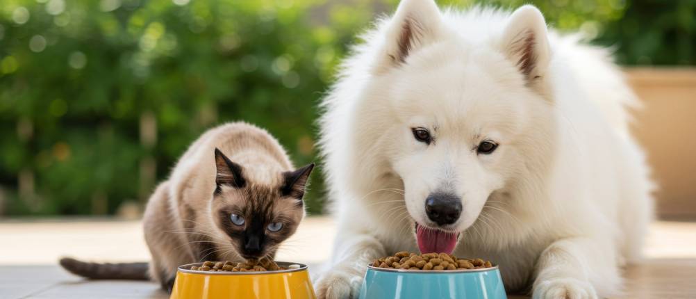 Ein Hund und eine Katze sitzen nebeneinander und fressen aus einem Napf.