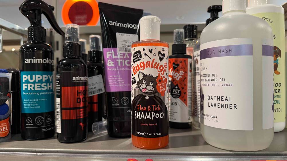 Katzenshampoo im Test: Eine Flasche steht in einem Verkaufsregal neben anderen Produkten.