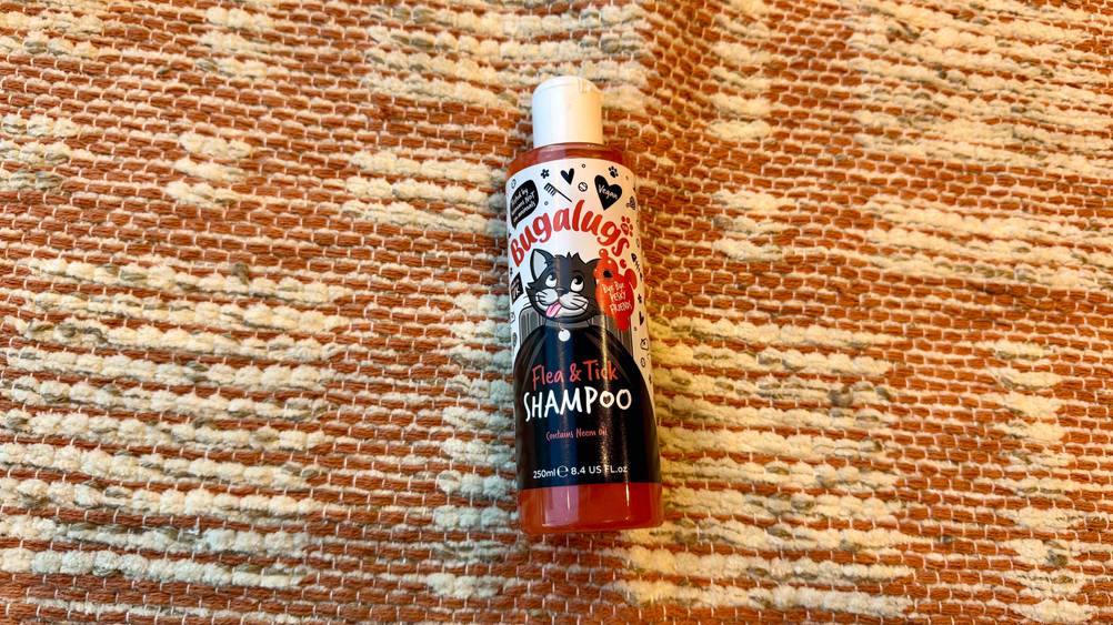Auf einem Teppich liegt eine Flasche des Katzenshampoos im Test.