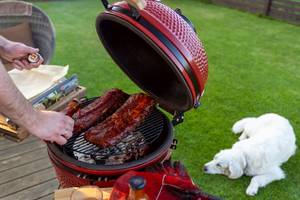 Ein Mann verteilt Soße auf einem von zwei großen Fleischstücken, die auf einem roten Keramikgrill gegrillt werden. Auf dem Rasen liegt ein schlafender weißer Hund.