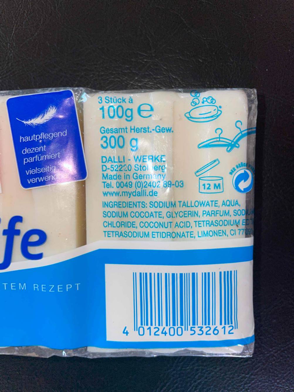Barcode von einer getesteten Kernseife-Packung. 