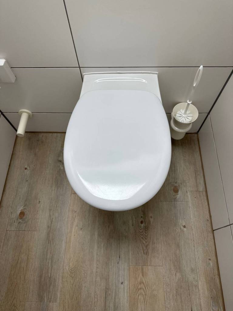 Ansicht von oben eines weißen WC-Sitzes mit Absenkautomatik im Test zwischen Toilettenbürste und Toilettenpapierhalter.