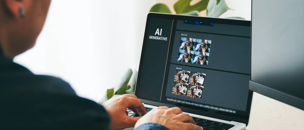 Test verschiedener KI-Bild-Generatoren: Eine Person sitzt am Laptop und bearbeitet mehrere Bilder.