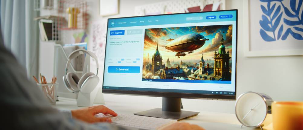 KI-Bild-Generator-Test: Ein Mann sitzt an einem PC und lässt sich ein futuristisches Bild von einem Zeppelin erstellen.