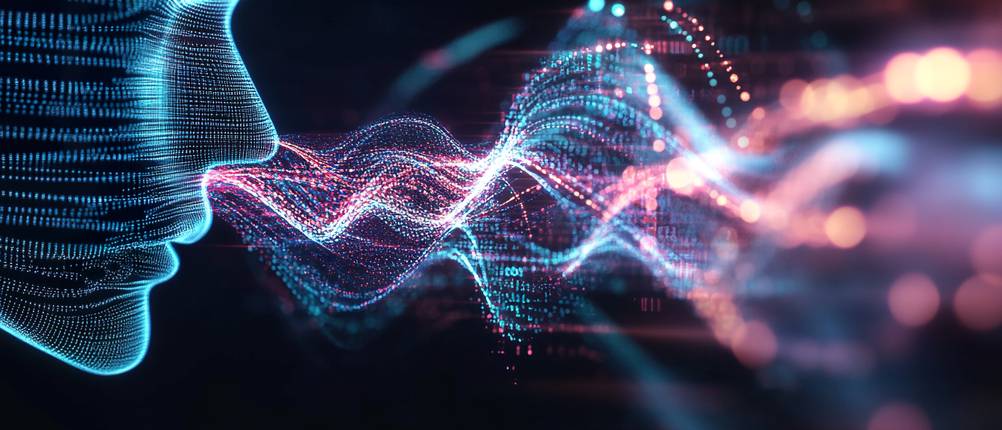 KI-Stimmen-Generatoren getestet: Visualisierung eines sprechenden Menschen, bei dem Sprache in Form von Wellen aus dem Mund kommt.