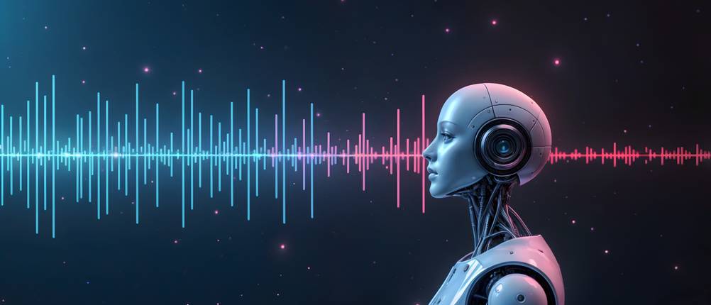 KI-Stimmen-Generator-Test: Hinter einem KI-Roboter ist die Visualisierung einer Stimme zu sehen.