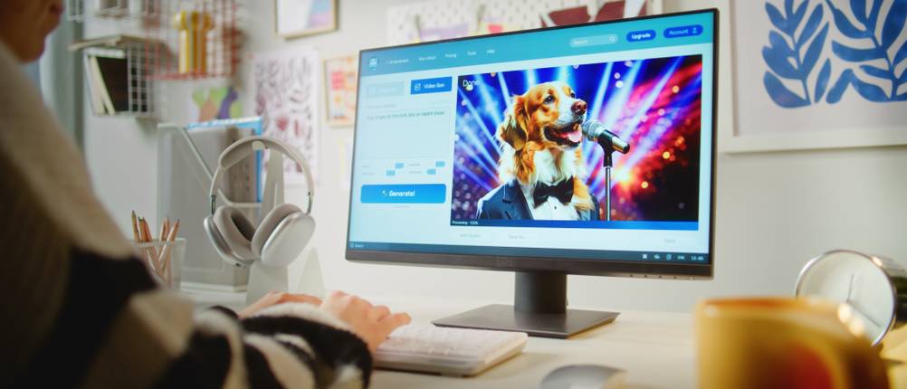 KI-Video-Generator-Test: Eine Person sitzt an einem Computer und erstellt mithilfe einer KI ein Video von einem singenden Hund mit Anzug.