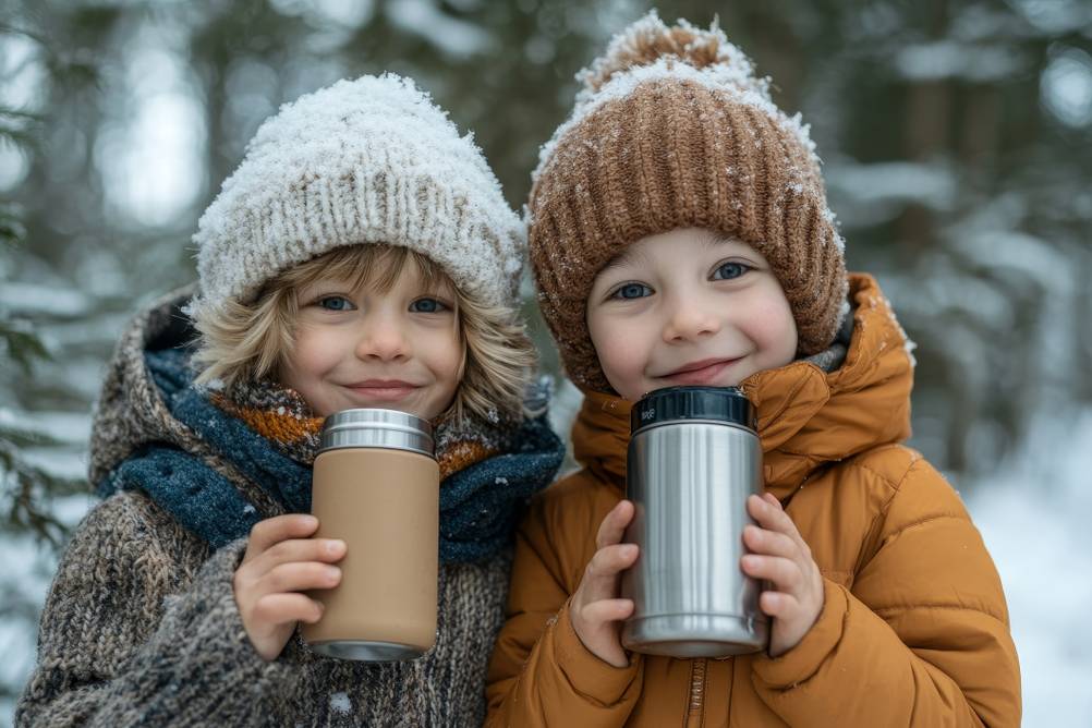 Zwei Kinder testen ein Getränk aus ihren Edelstahl-Isolierflaschen.