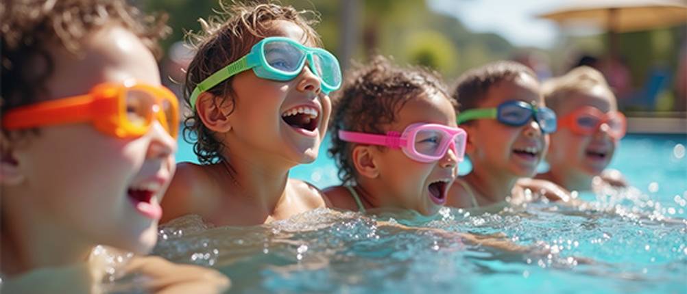 Kinder-Schwimmbrillen im Test: Fünf Kinder die alle eine Schwimmbrille tragen.