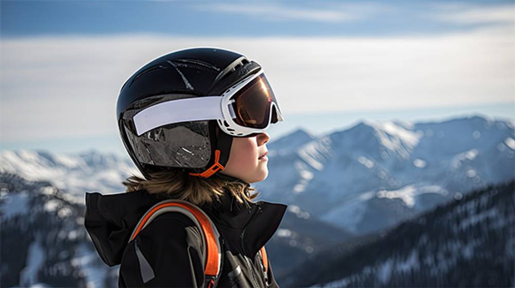 Kinder-Skibrille im Test: Ein Kind auf der Piste mit Helm und integrierter Skibrille.