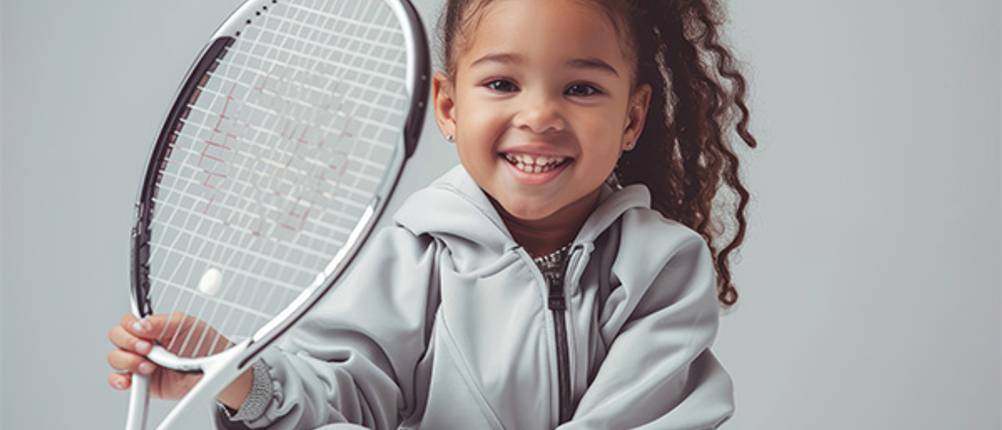 Kinder-Trainingsanzug im Test: Ein Mädchen mit Tennisschläger, das einen grauen Trainingsanzug trägt.