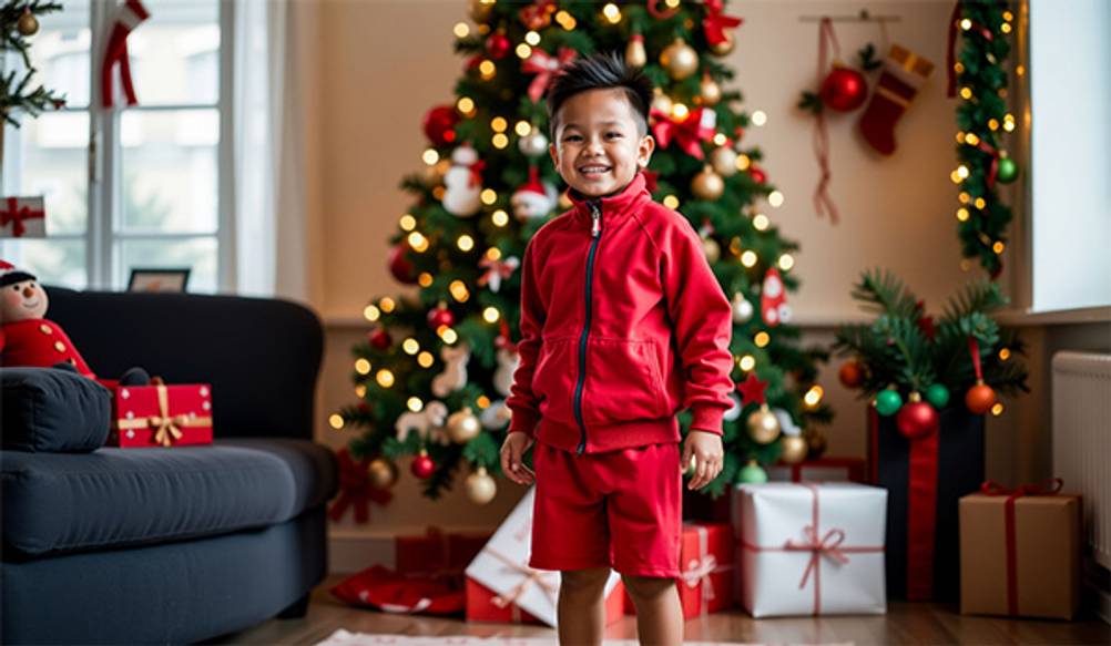 Kinder-Trainingsanzug im Test: Ein junge mit einem roten Trainingsanzug vor dem Weihnachtsbaum