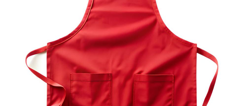 Kinderschürze-Test: Rote Schürze zum Binden mit zwei Taschen.