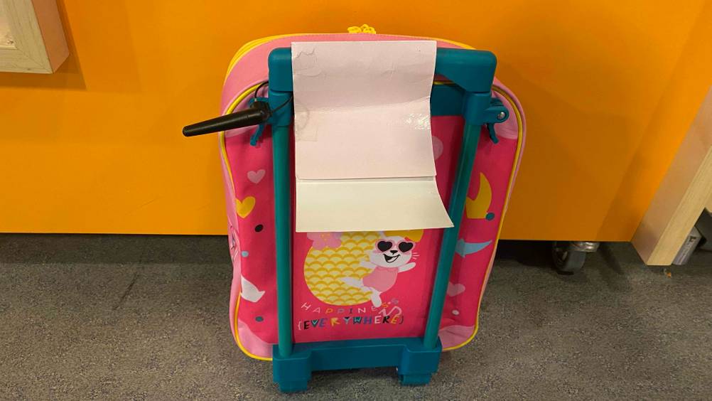 Rückseite eines getesteten Kindertrolleys mit Gestänge vor einer orangen Fläche.