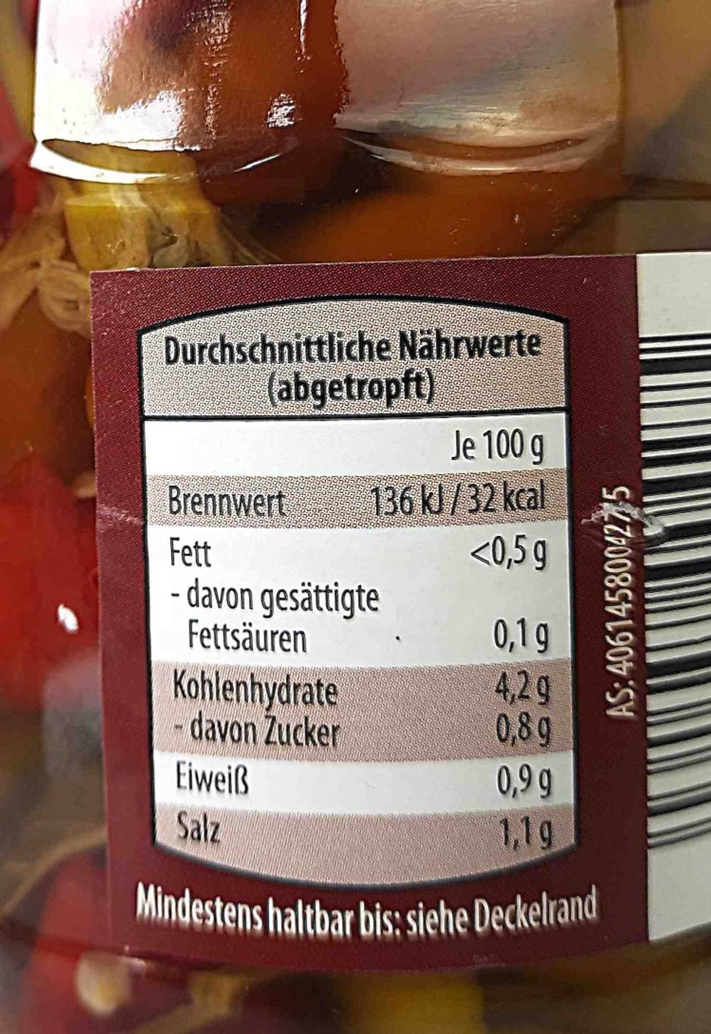 Auf dem Glas von getesteten eingelegten Peperoni stehen Angaben zu den Nährwerten.