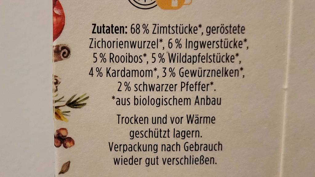 Chai-Tee im Test: eine Packung mit Angaben der Zutaten.
