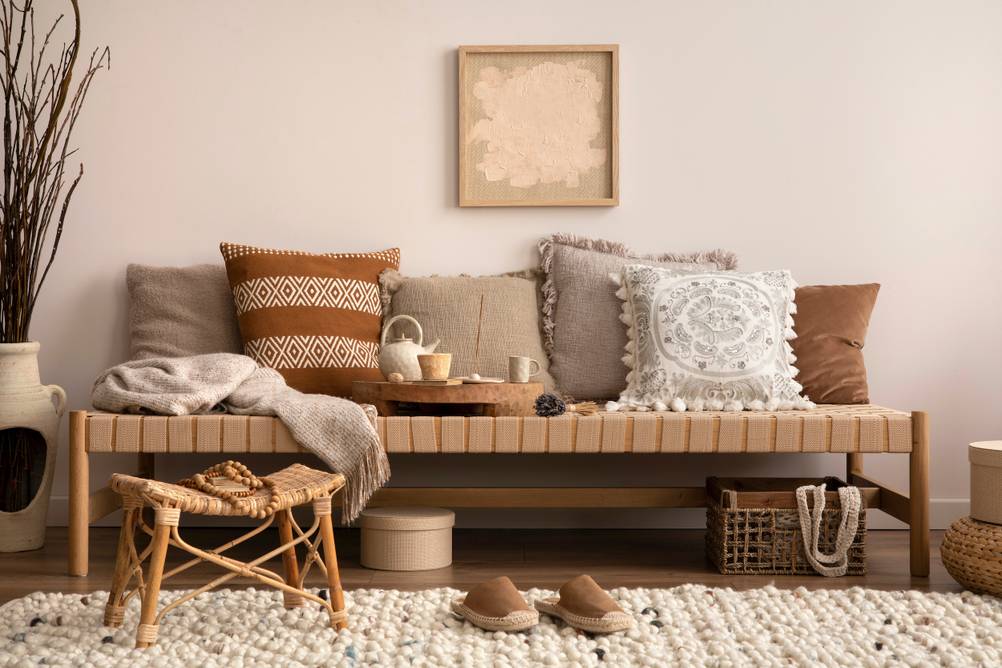 Kissenbezug-Test: Zu sehen ist ein Tagesbett mit Kissen im Boho-Stil.
