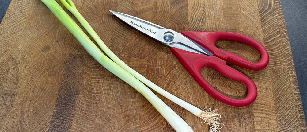 Zwei Frühlingszwiebeln liegen neben der Kitchenaid-Allzweck-Küchenschere