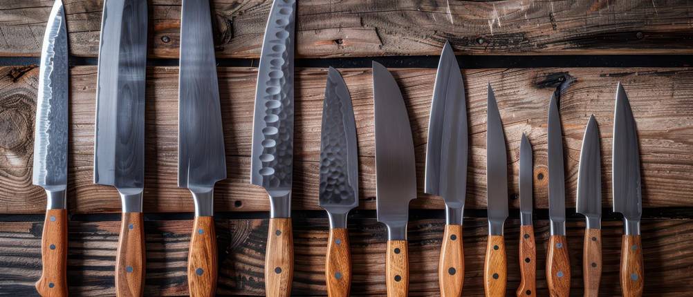 Kiwi-Messer-Test: einige Messer mit Holzgriff vor einem Holz-Hintergrund