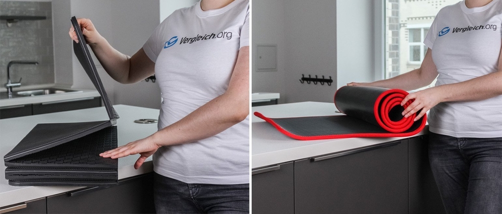 Links wird eine Gymnastikmatte gefaltet, rechts eingerollt. 