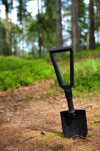 Klappspaten-Test: schwarzer Klappspaten steckt in einem Wald im Boden.