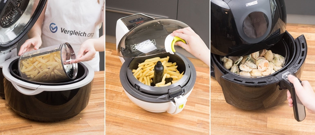 In einem Heißluftfritteusen-Test werden Pommes und Hähnchen in verschiedenen Heißluftfritteusen zubereitet.