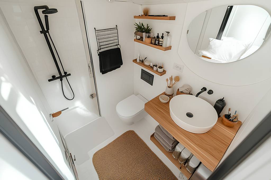 Klebeschrauben im Test: Das Innere eines luxuriösen Wohnmobil-Badezimmers mit Waschtisch, Toilette und Dusche in Weiß und Naturtönen gehalten.
