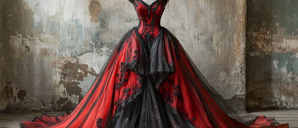 Kleidersack-Test: Gothic rot-schwarzes Hochzeitskleid im Gothic-Stil