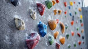 Klettergriffe-Test: viele bunte Klettergriffe in unterschiedlichen Formen an einer Wand. 