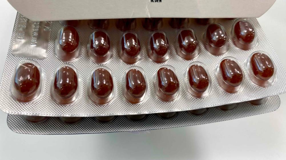 Knoblauch-Kapseln getestet: Nahaufnahme der Kapseln im Tablettenblister.