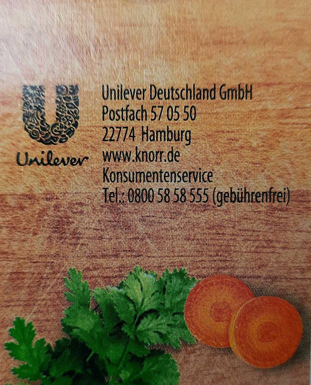 Knorr-Bouillon getestet: Nahaufnahme der Herstelleradresse auf der Verpackung.