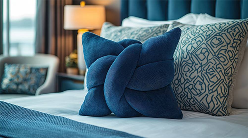 Knotenkissen im Test: Ein blaues, rechteckiges Knotenkissen auf einem Bett.