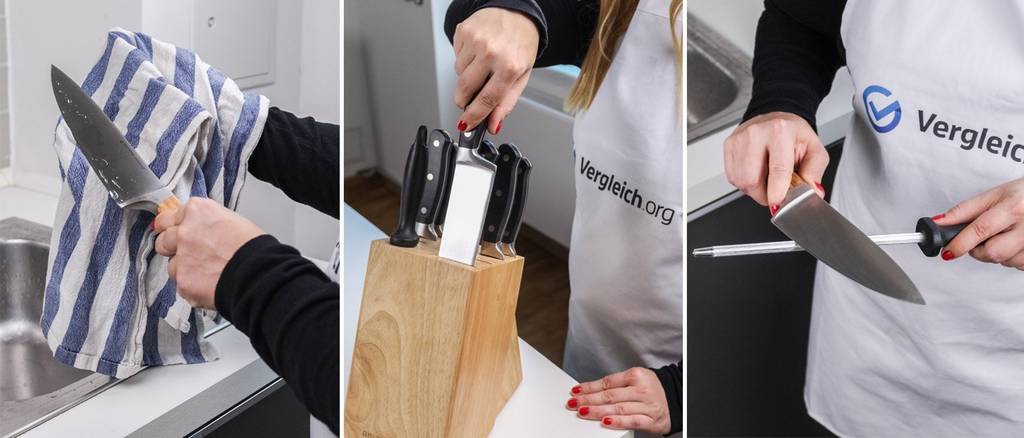 Collage aus drei Bildern, die Reinigung und Pflege eines Kochmessers zeigen