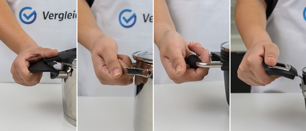 Die Griffe mehrerer getesteter Kochtöpfe werden überprüft.