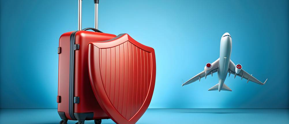 Kofferschutzhüllen im Test: roter Koffer mit rotem Schutzschild, daneben ein Flugzeug, beides vor einem blauen Hintergrund