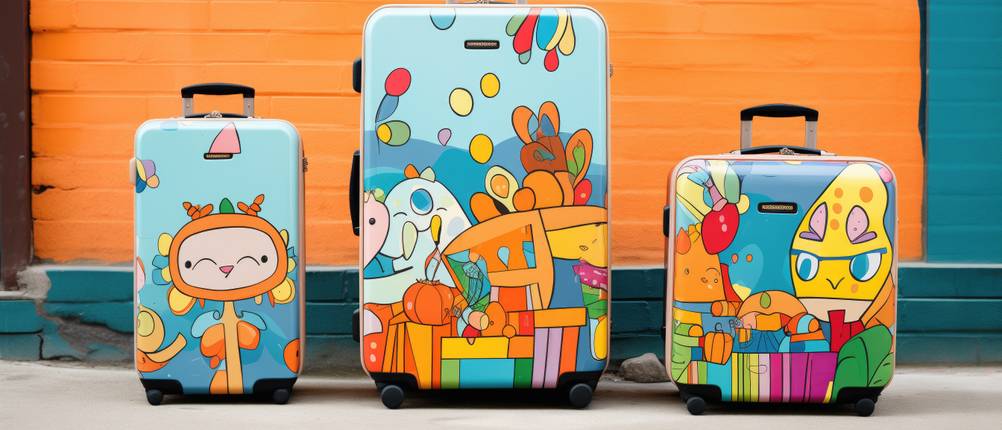 Kofferschutzhüllen im Test: individuell personalisierte Koffer mit bunten Schutzhüllen vor einer orangefarbenen Mauer