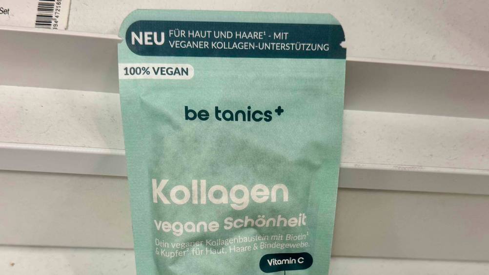 Kollagen vegan getestet: Nahaufnahme der Verpackung mit Logo und Artikelbezeichnung.