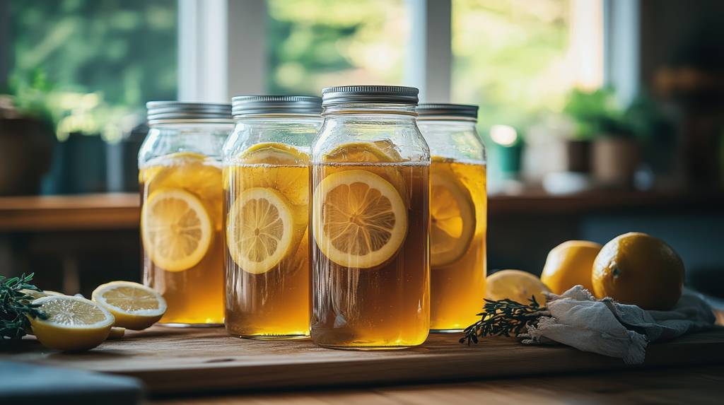 Kombucha-Pilz-Test: Vier Glasbehälter mit Kombucha und Zitronenscheiben stehen auf einer Küchenfront. 