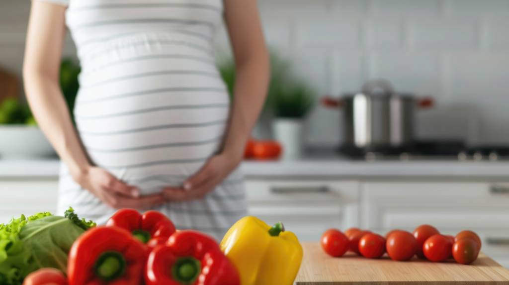 Kombucha-Pilz-Test: Eine schwangere Frau umfasst Ihren Bauch. 