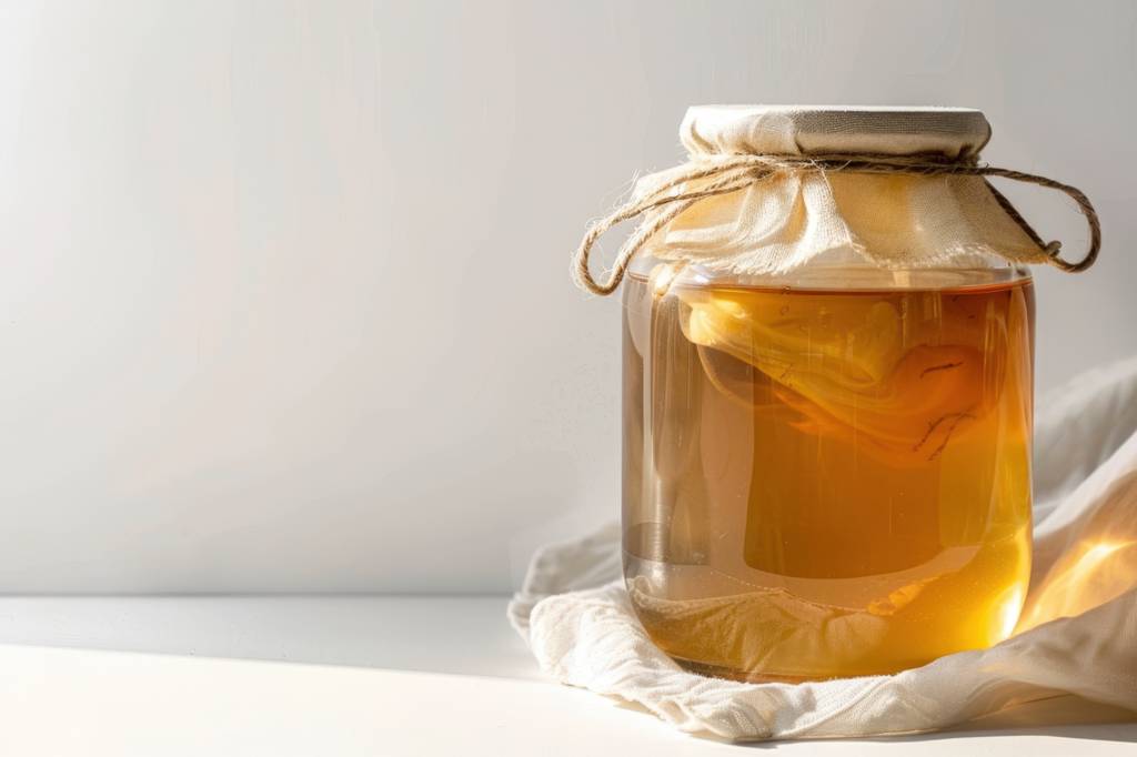 Kombucha-Pilz-Test: In einem Glasbehälter befindet sich ein Kombucha-Pilz in Flüssigkeit. 