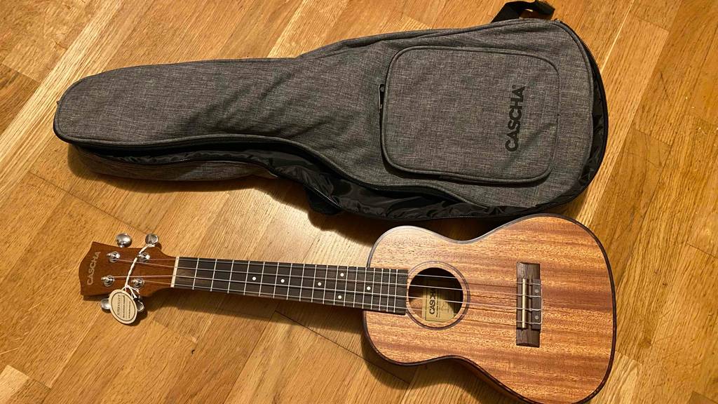 Getestete Konzert-Ukulele befindet sich neben der Tasche. 