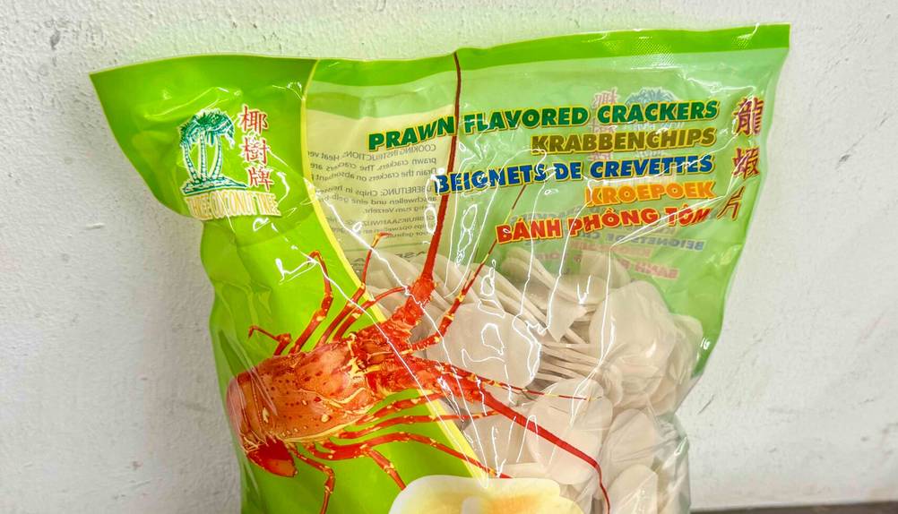 Krabbenchips getestet: Nahaufnahme der Verpackung von vorne.