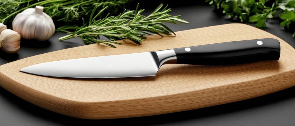 Kräutermesser im Test: Messer liegt auf Holzbrett; dahinter Knoblauch und Kräuter